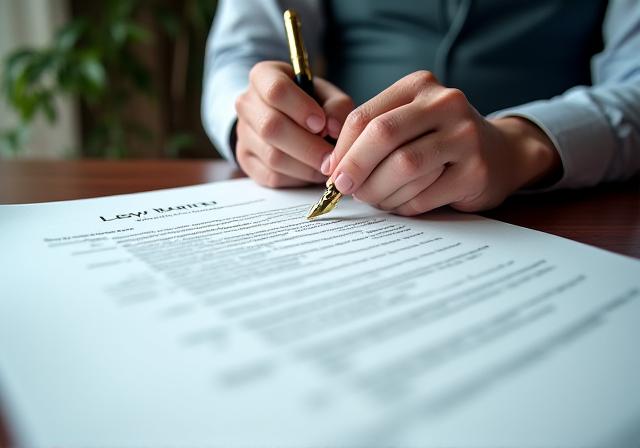 Legal professional reviewing a complex contract with a gold pen